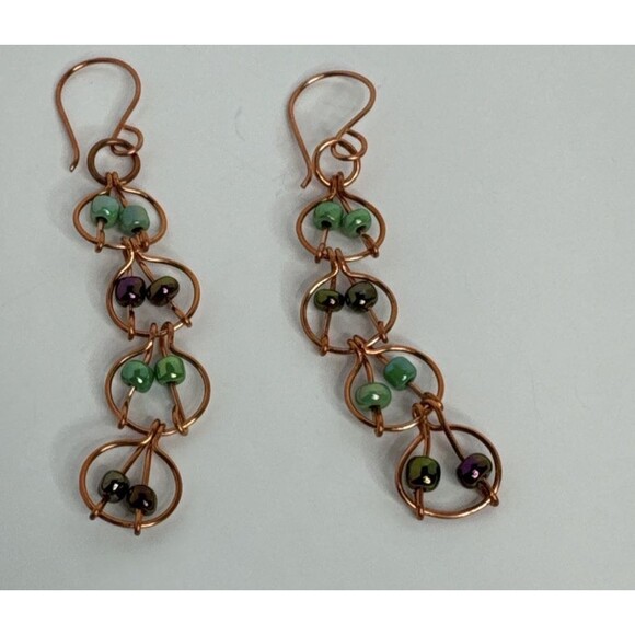 Copper Wire Earrings Green And Purple Seed Beads With French Hook  Hand Made - Picture 2 of 4